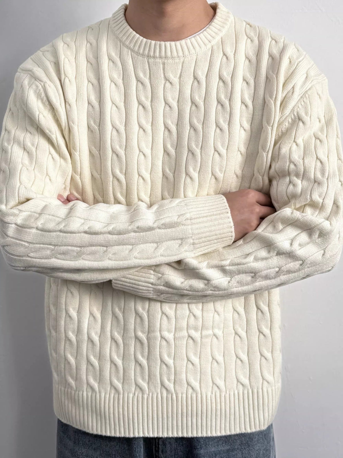 Men's Cable Knit Crew Neck Sweater – Loose Fit Long Sleeve Pullover