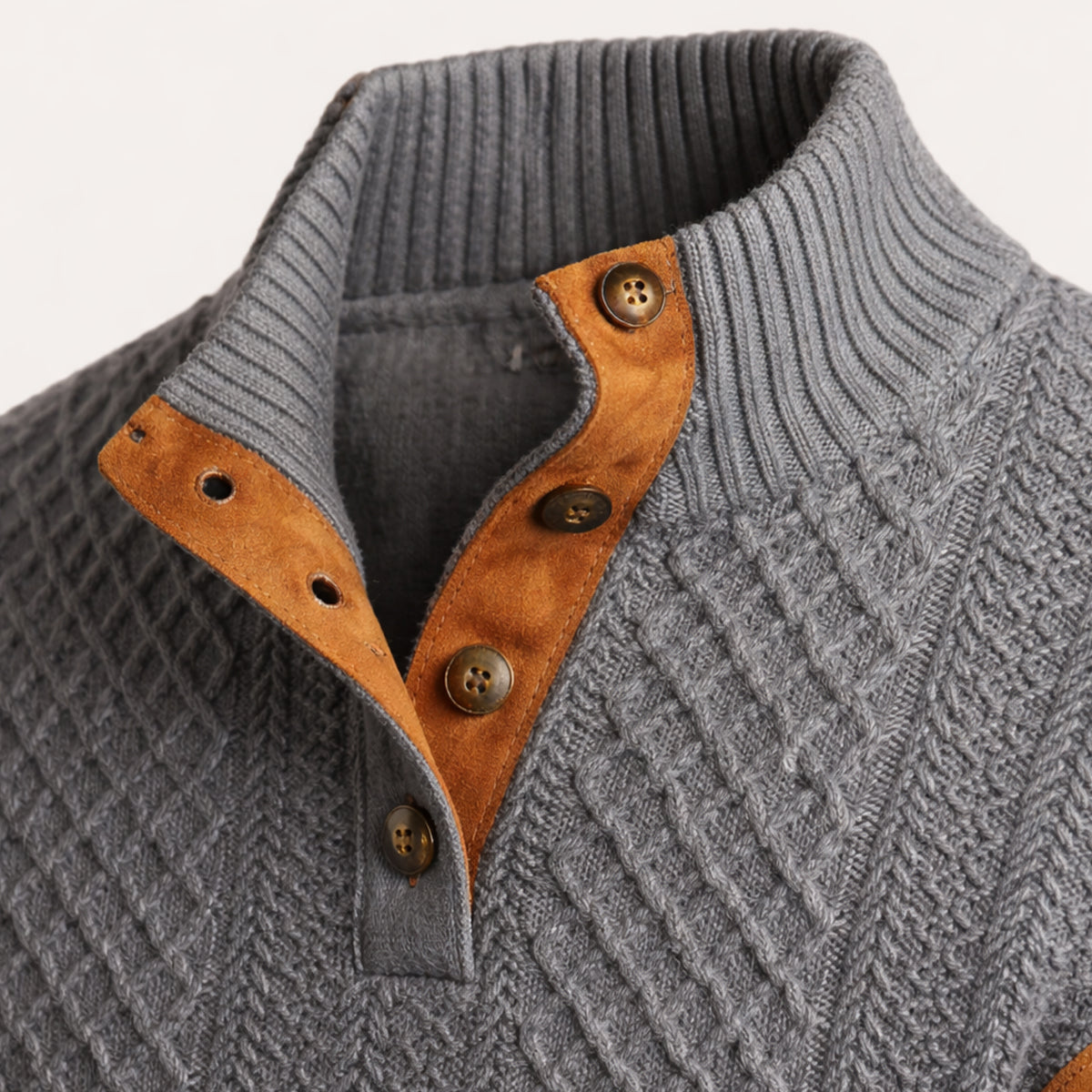 Men's Cable Knit High Collar Sweater – Retro Pullover with Elbow Patches