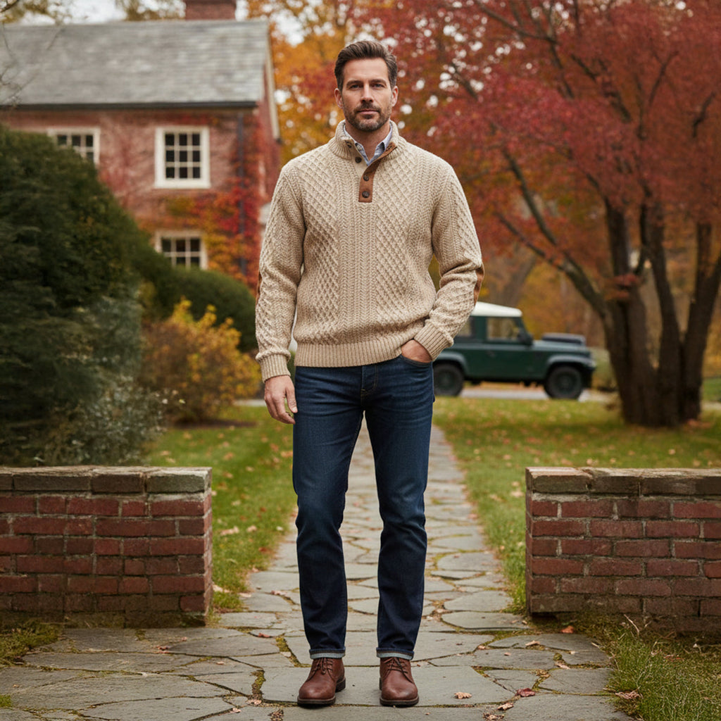 Men's Cable Knit High Collar Sweater – Retro Pullover with Elbow Patches