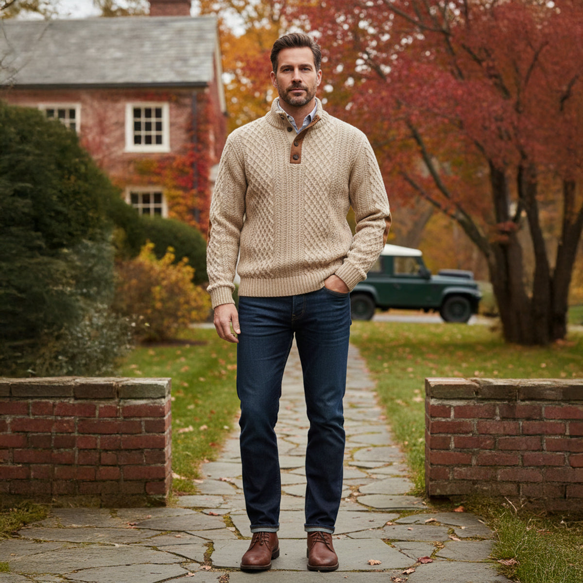 Men's Cable Knit High Collar Sweater – Retro Pullover with Elbow Patches