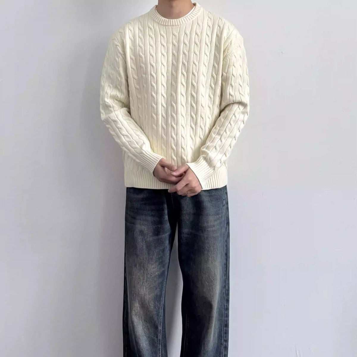 Men's Cable Knit Crew Neck Sweater – Loose Fit Long Sleeve Pullover