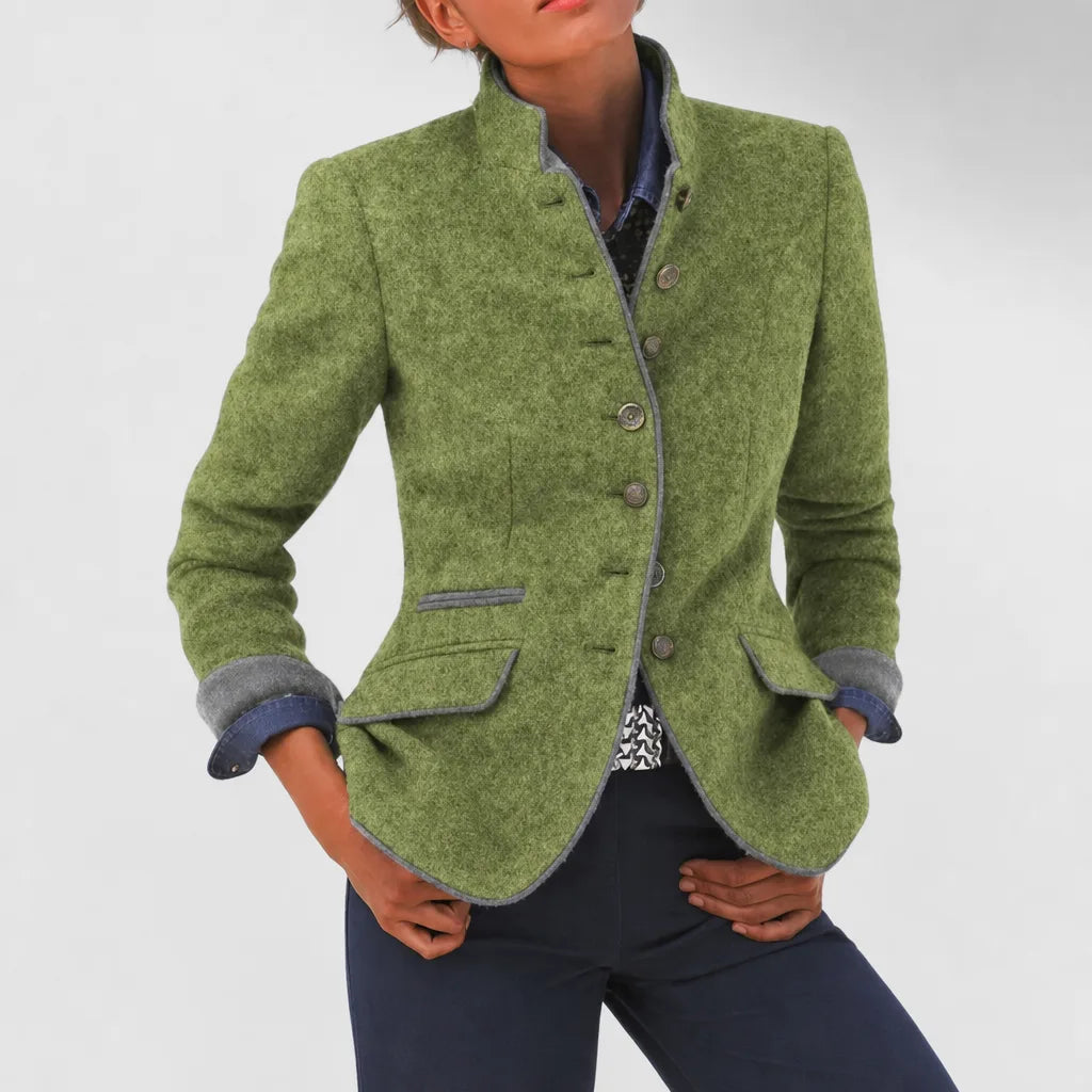 Women's Stand Collar Tailored Blazer – Contrast Trim Button-Front Jacket