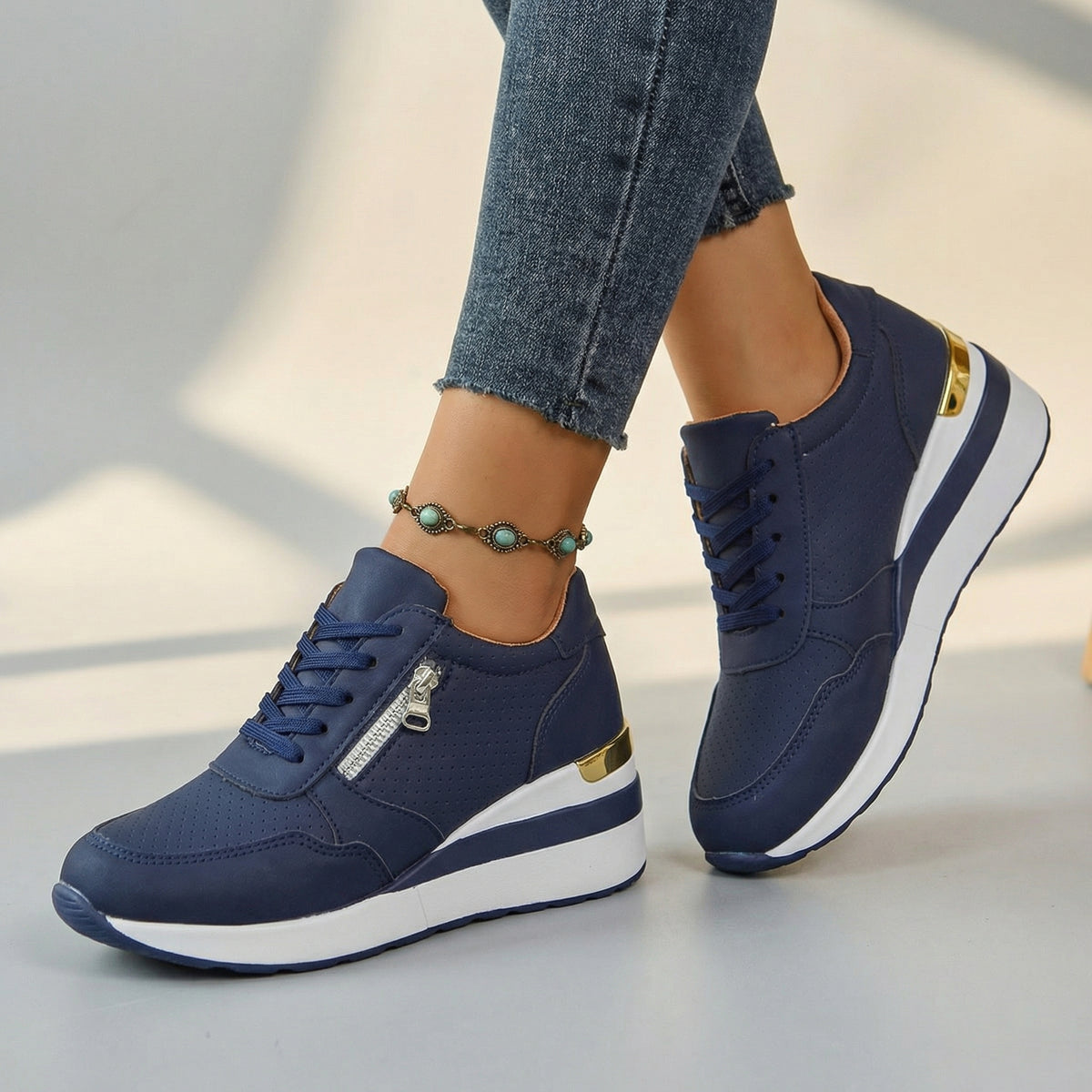 Women's Wedge Sneakers – Breathable Perforated Cushioned Walking Shoes