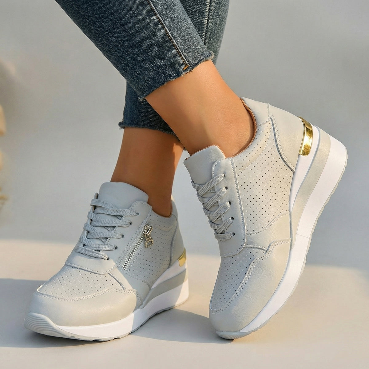 Women's Wedge Sneakers – Breathable Perforated Cushioned Walking Shoes