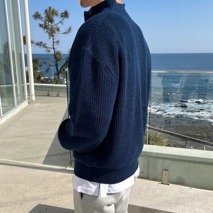 Men's Thick Half-Zip Knit Sweater – High Collar Ribbed Pullover