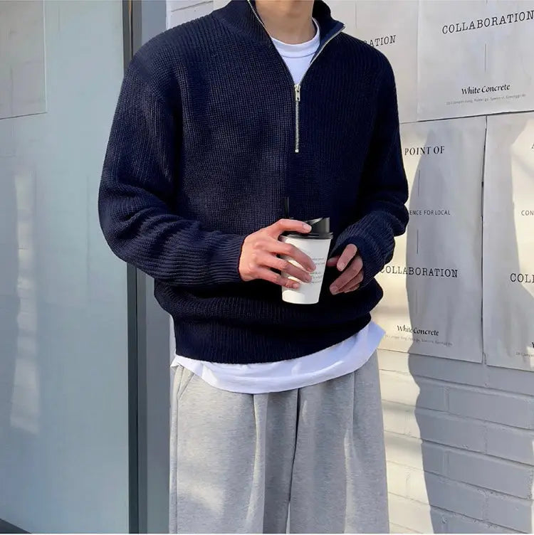 Men's Thick Half-Zip Knit Sweater – High Collar Ribbed Pullover