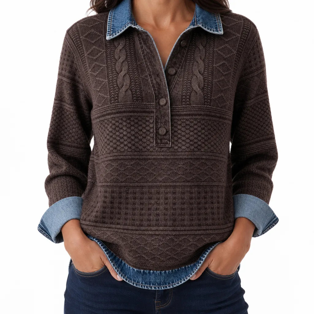 Women's Cable Knit Half-Button Pullover – Contrast Collar Relaxed Sweater