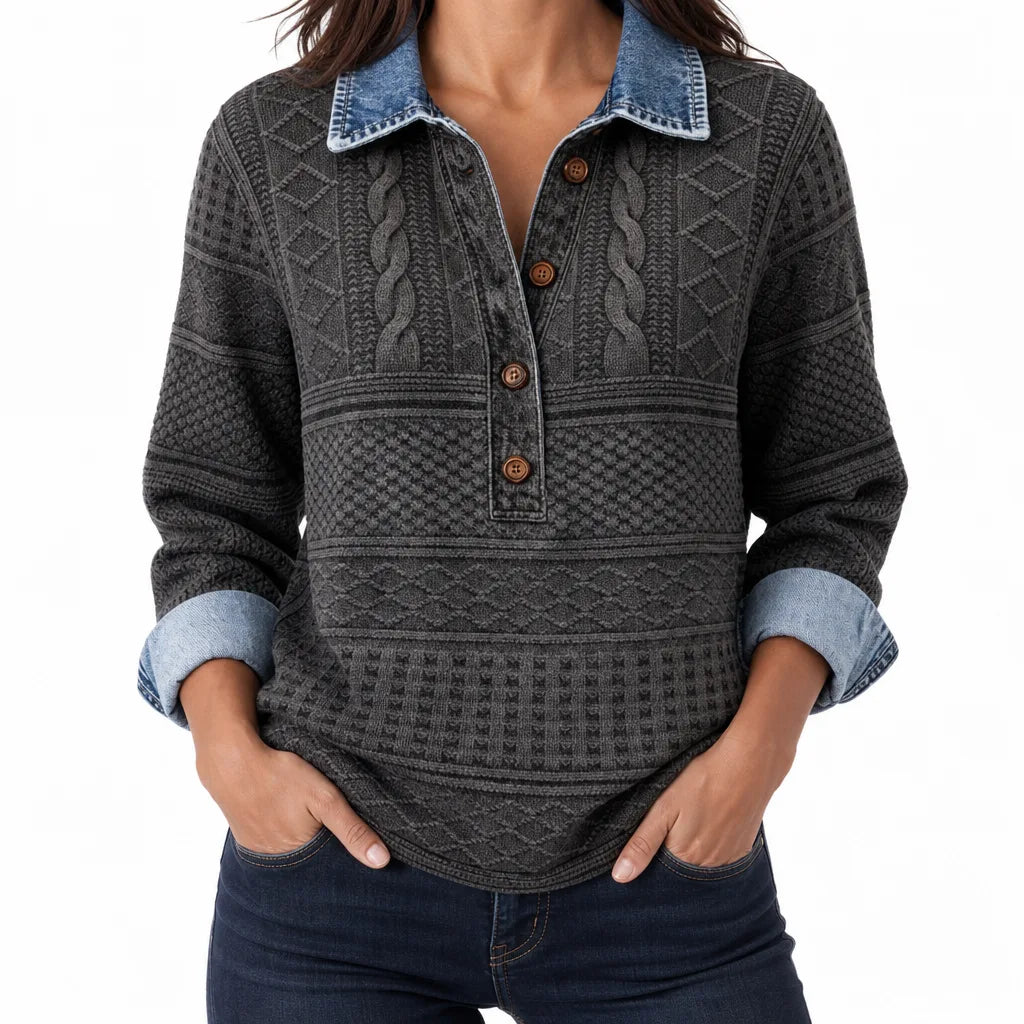 Women's Cable Knit Half-Button Pullover – Contrast Collar Relaxed Sweater