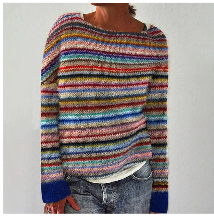 Women's Striped Crew Neck Sweater – Relaxed Long Sleeve Knit Pullover
