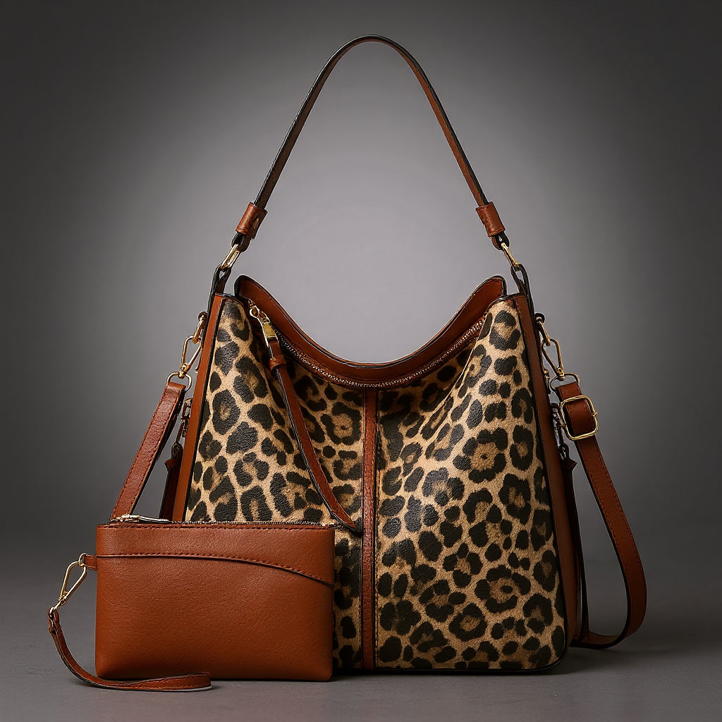 Women's Animal Print Tote with Wristlet – Two-Piece Faux Leather Bag Set