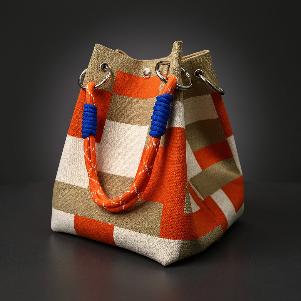 Women's Canvas Mini Bucket Bag – Rope Handle Colorblock Handbag