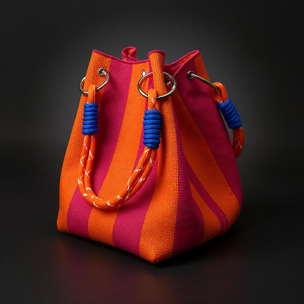 Women's Canvas Mini Bucket Bag – Rope Handle Colorblock Handbag