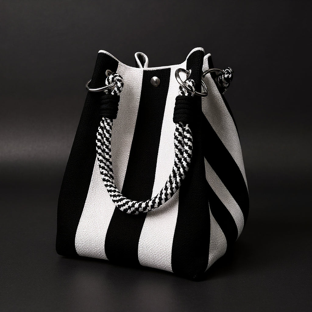 Women's Canvas Mini Bucket Bag – Rope Handle Colorblock Handbag