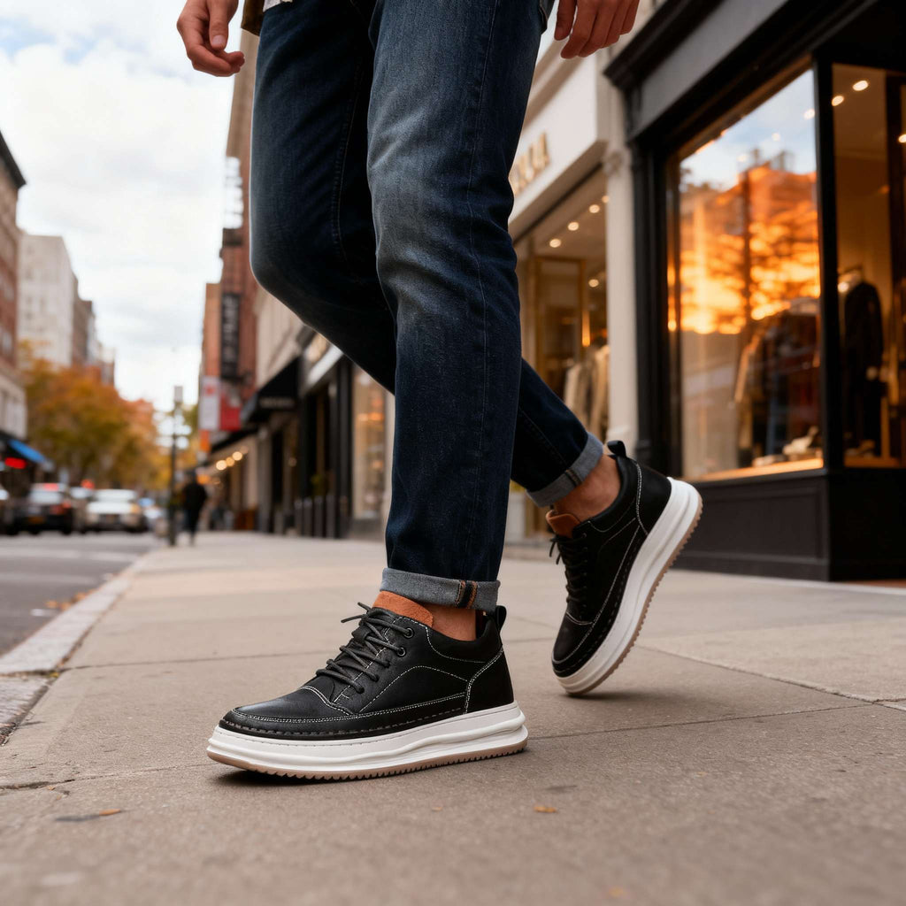 Men's Textured Leather-Look Sneakers – Padded Collar Cushioned Casual Shoes