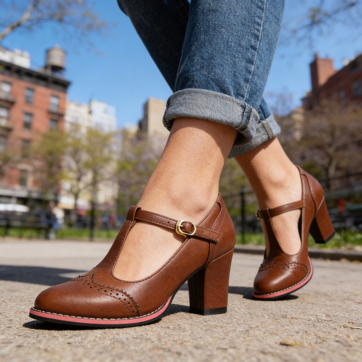Women's Brogue T-Strap Loafers – Vintage Block Heel Buckle Shoes