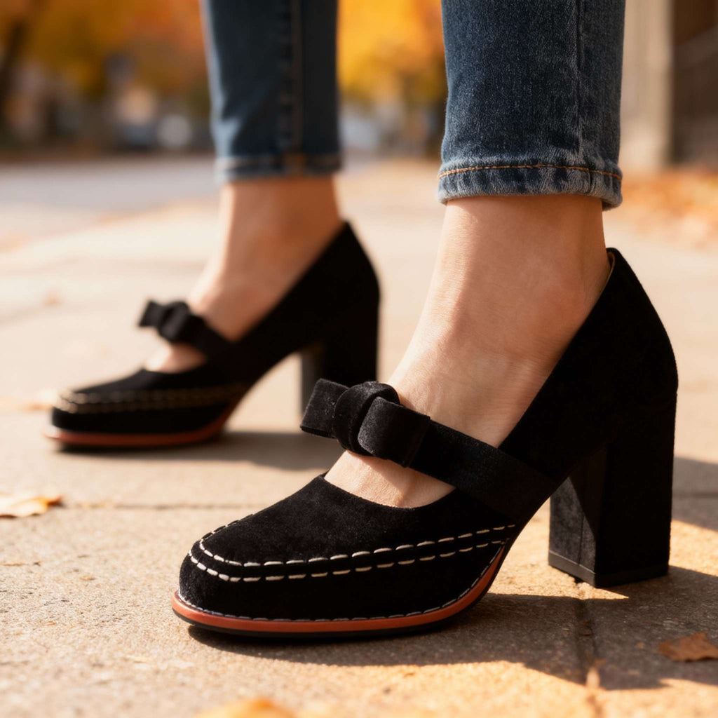 Women's Velvet Bow Loafers – Block Heel Slip-On Shoes