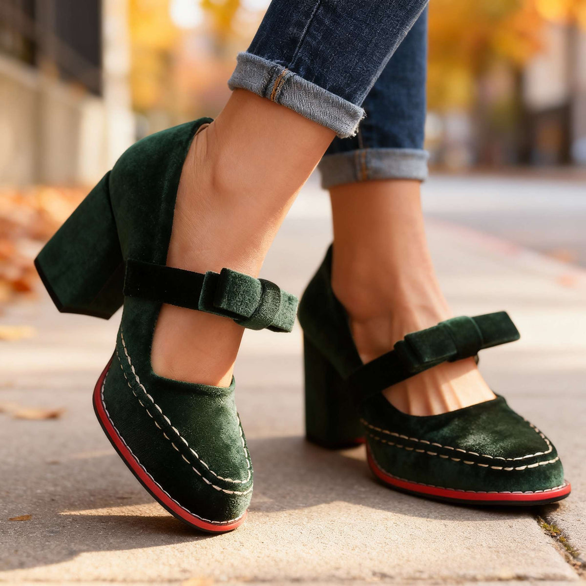 Women's Velvet Bow Loafers – Block Heel Slip-On Shoes