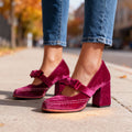 Women's Velvet Bow Loafers – Block Heel Slip-On Shoes