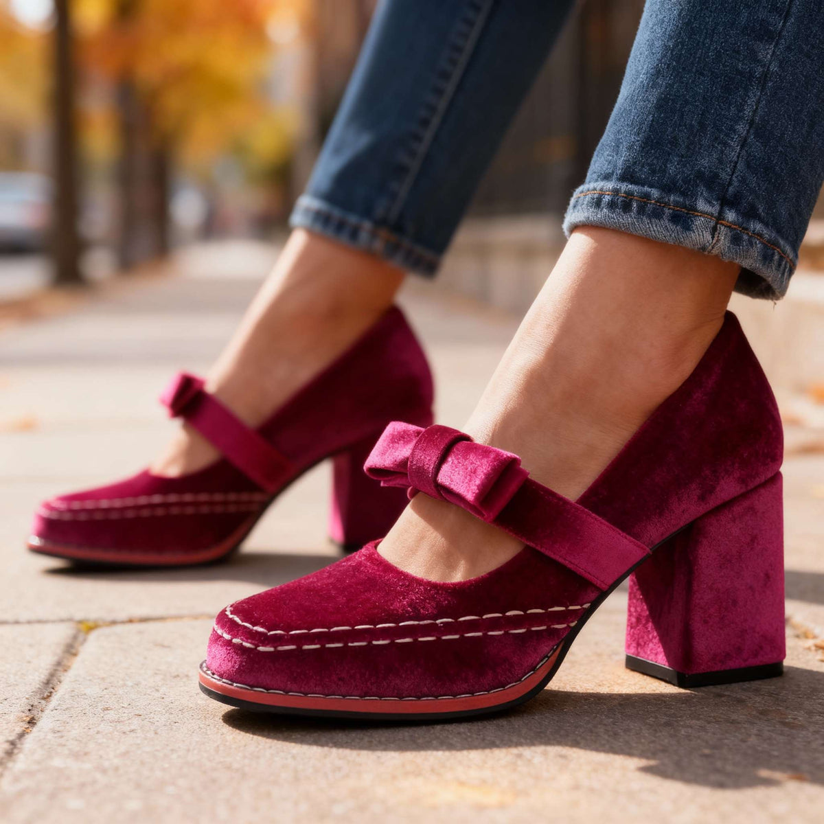 Women's Velvet Bow Loafers – Block Heel Slip-On Shoes