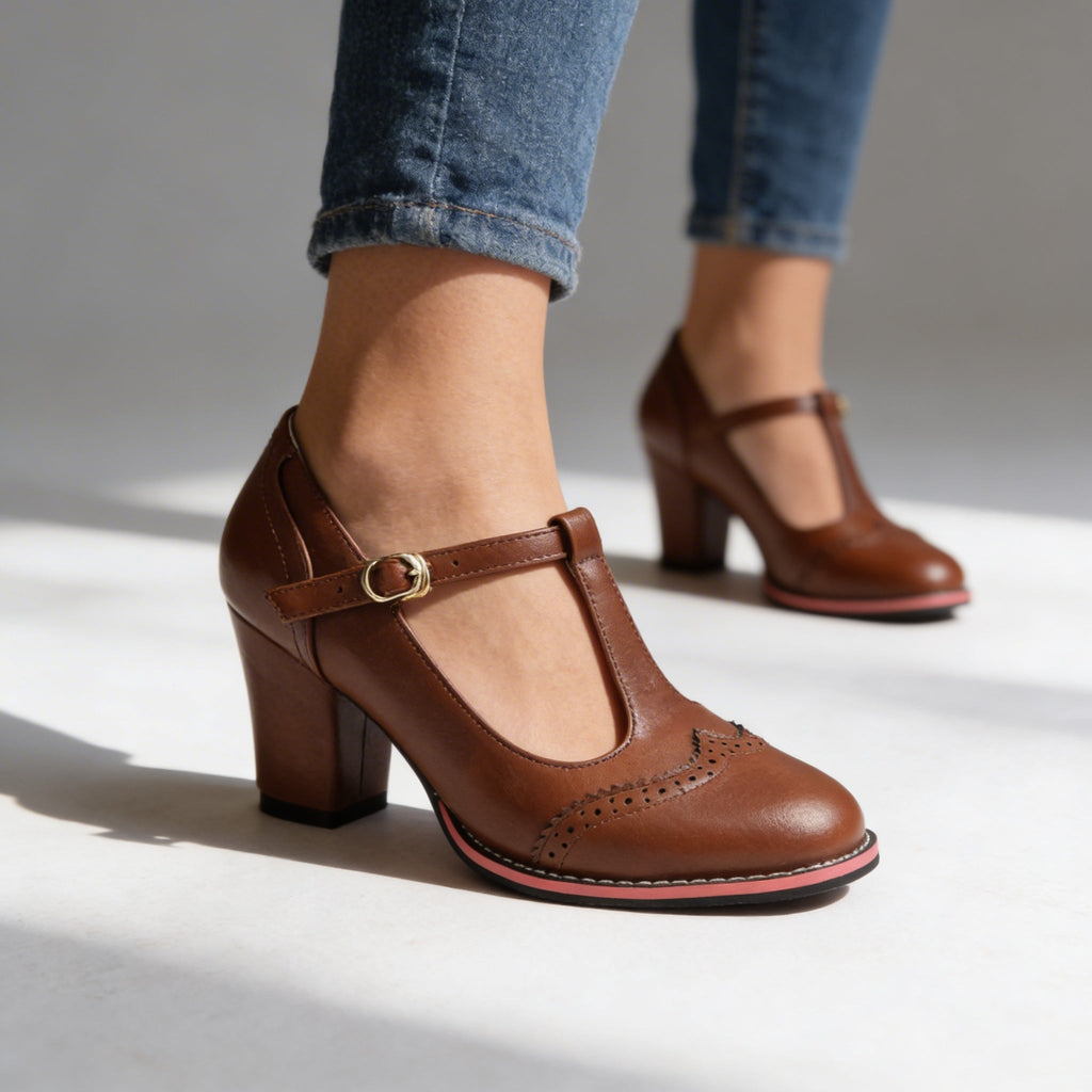 Women's Brogue T-Strap Loafers – Vintage Block Heel Buckle Shoes