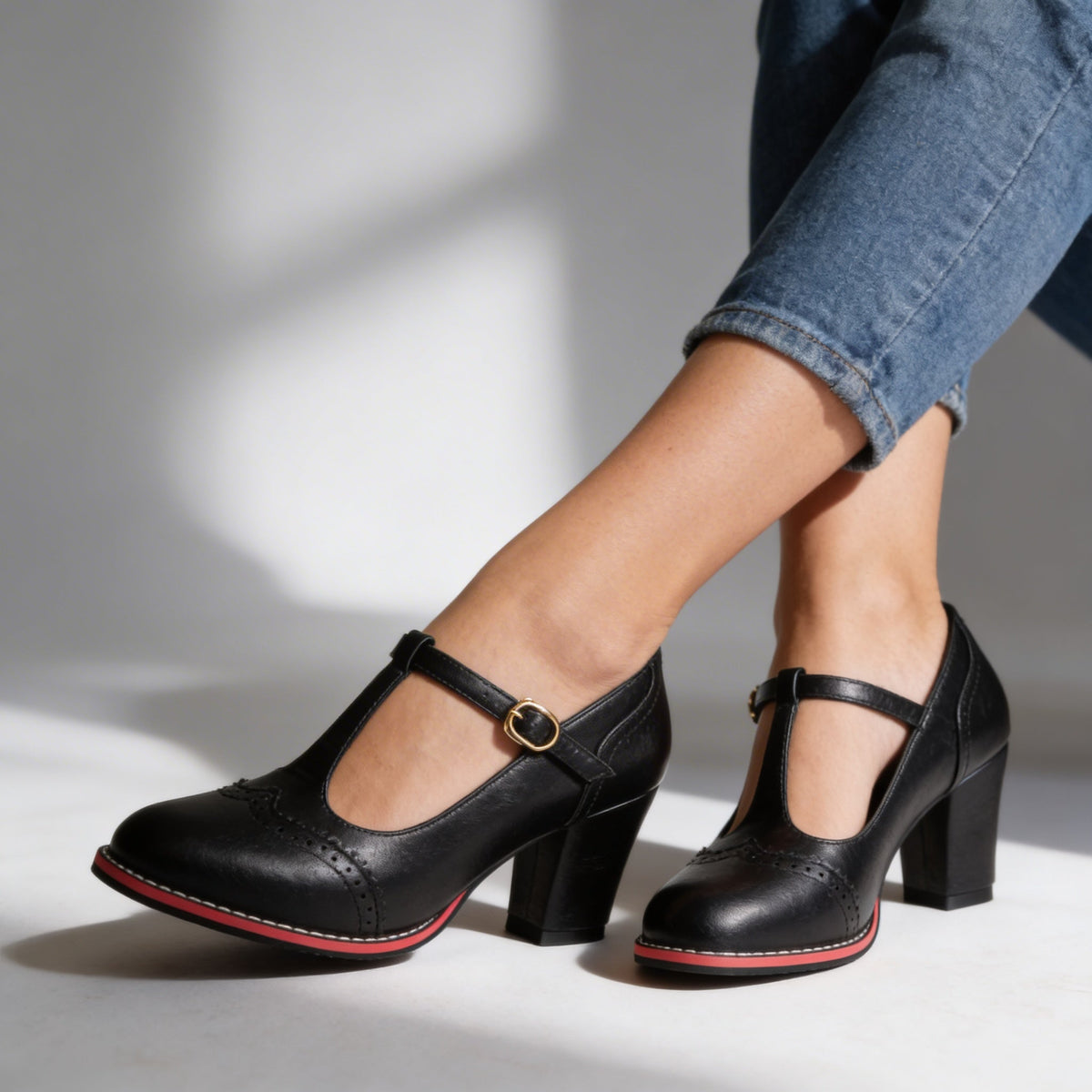 Women's Brogue T-Strap Loafers – Vintage Block Heel Buckle Shoes