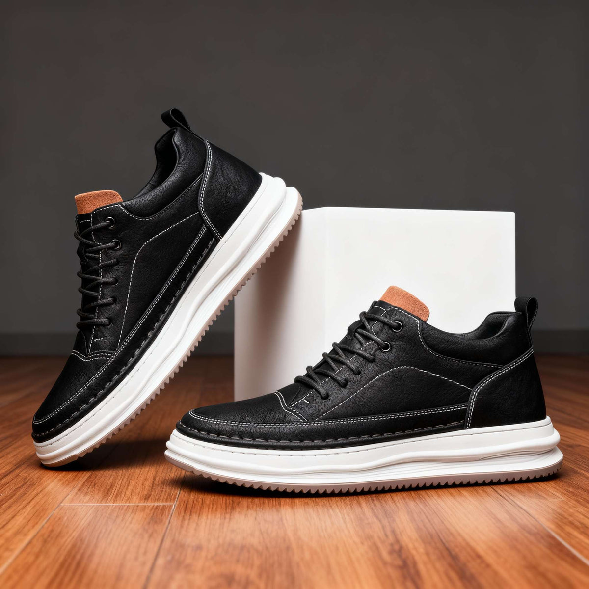 Men's Textured Leather-Look Sneakers – Padded Collar Cushioned Casual Shoes