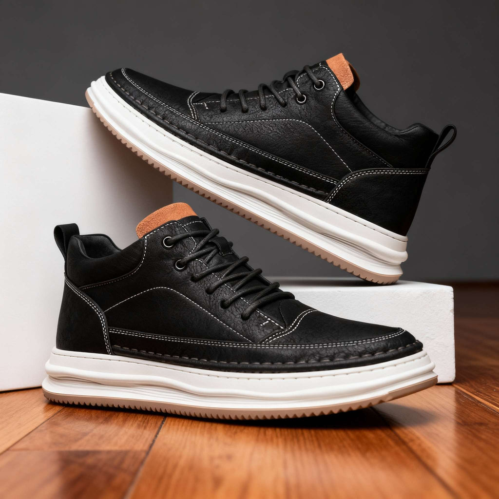 Men's Textured Leather-Look Sneakers – Padded Collar Cushioned Casual Shoes