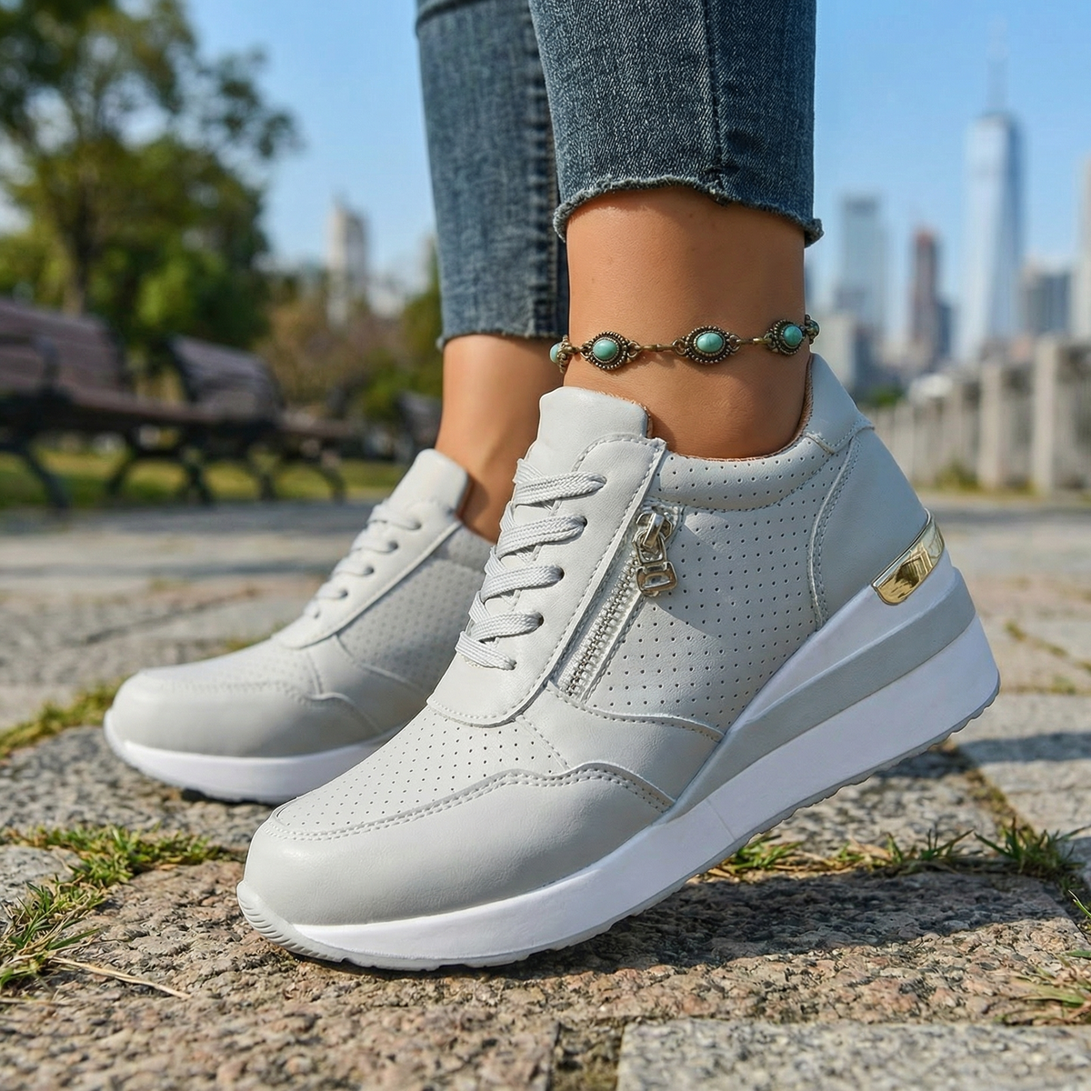 Women's Wedge Sneakers – Breathable Perforated Cushioned Walking Shoes