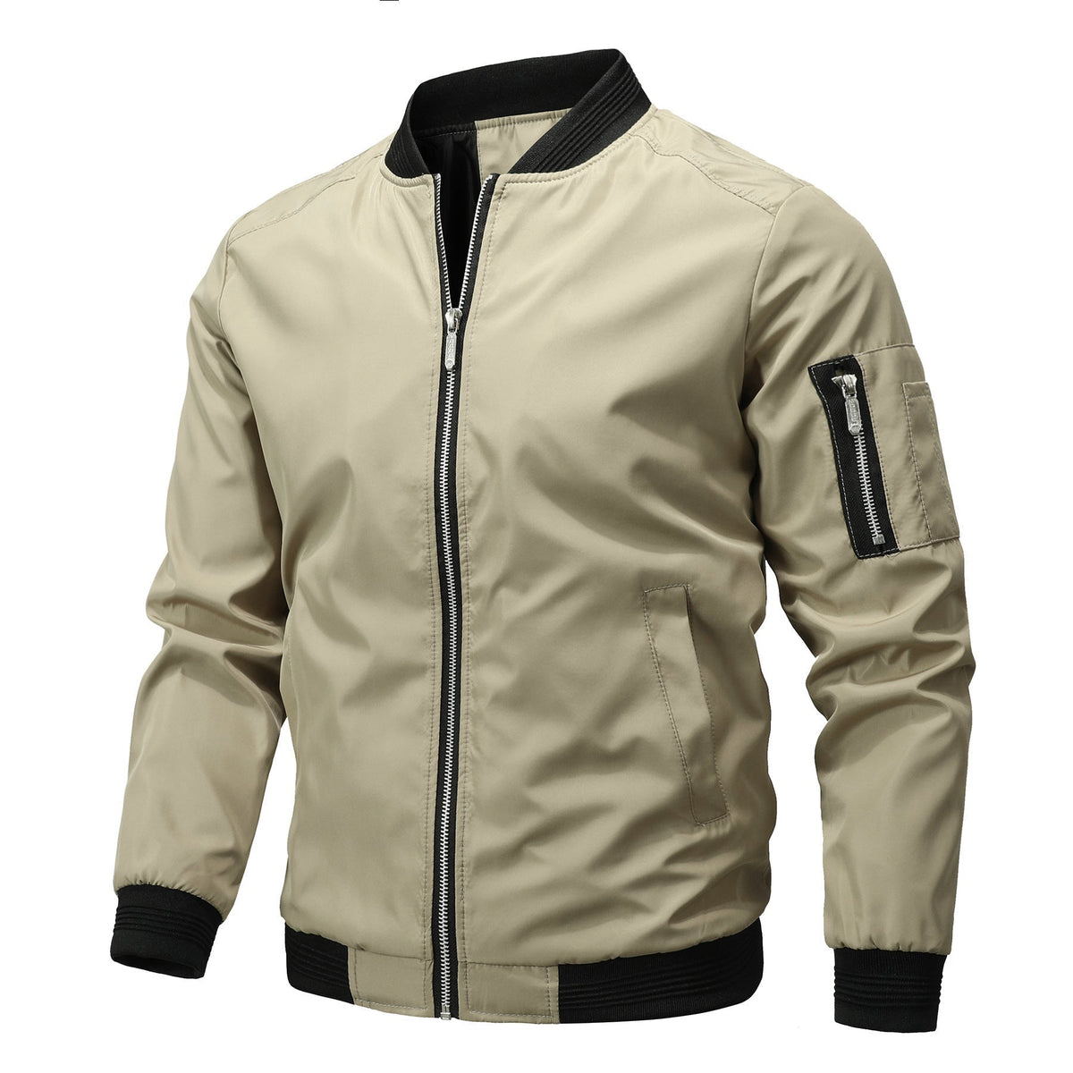 Men's Lightweight Bomber Jacket – Ribbed Trim Zip-Up with Sleeve Pocket