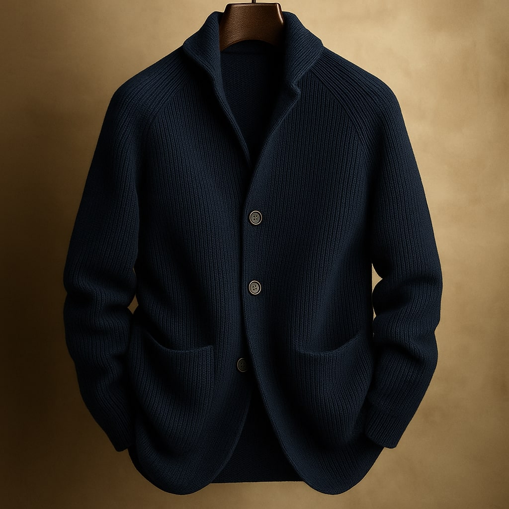 Men's Shawl Collar Ribbed Cardigan – Button-Up Knit with Patch Pockets