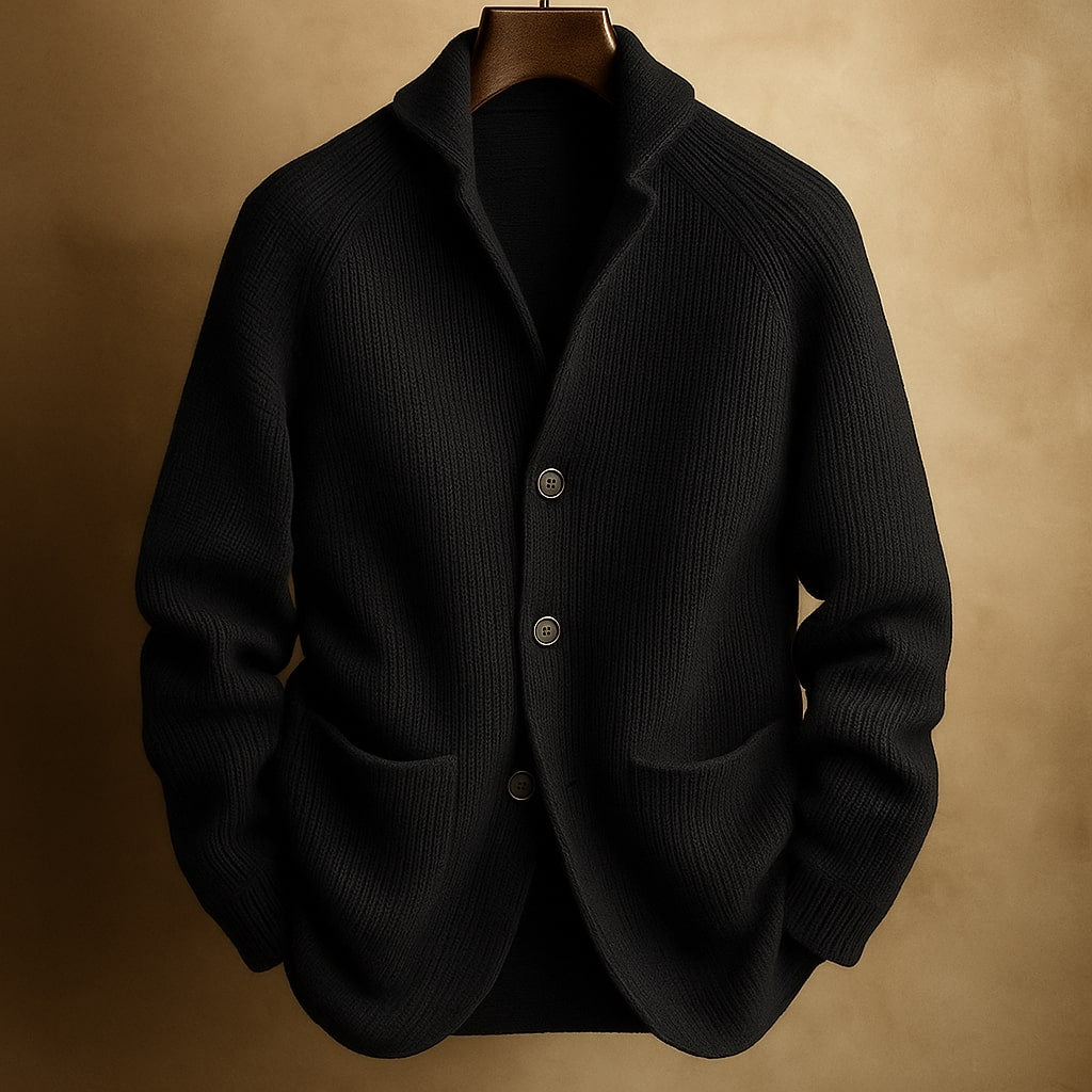 Men's Shawl Collar Ribbed Cardigan – Button-Up Knit with Patch Pockets