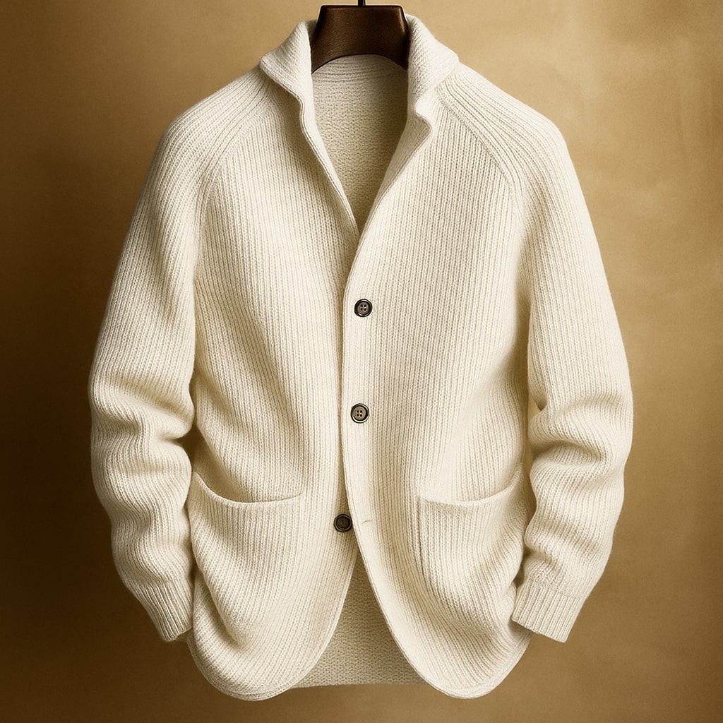 Men's Shawl Collar Ribbed Cardigan – Button-Up Knit with Patch Pockets