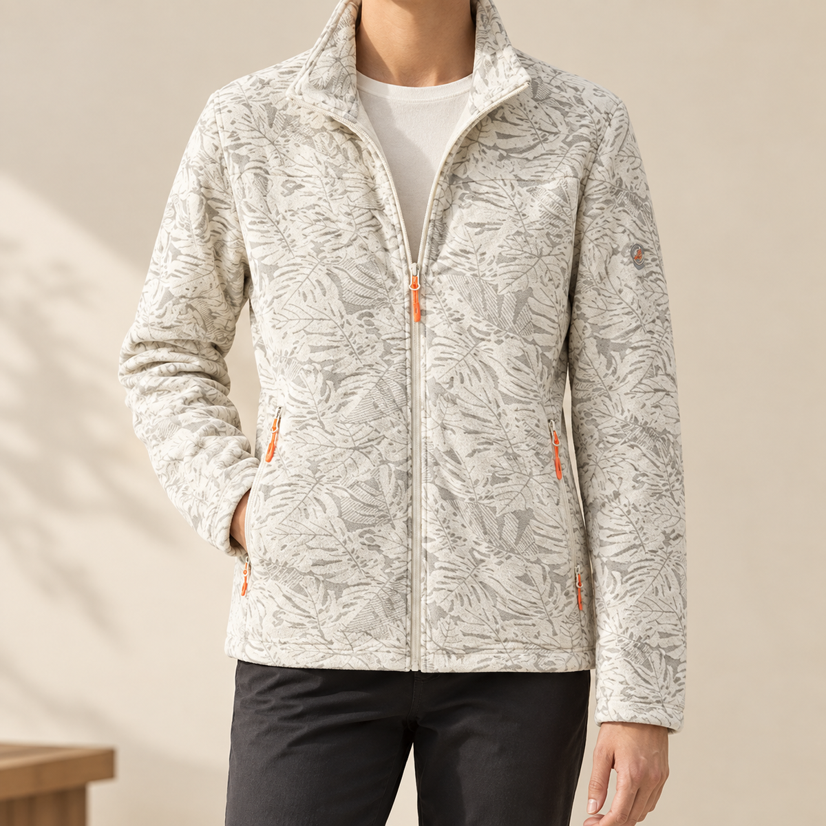 Men's Zip-Up Jacket with Stand Collar – Textured Foliage Pattern Jacket with Zip Pockets