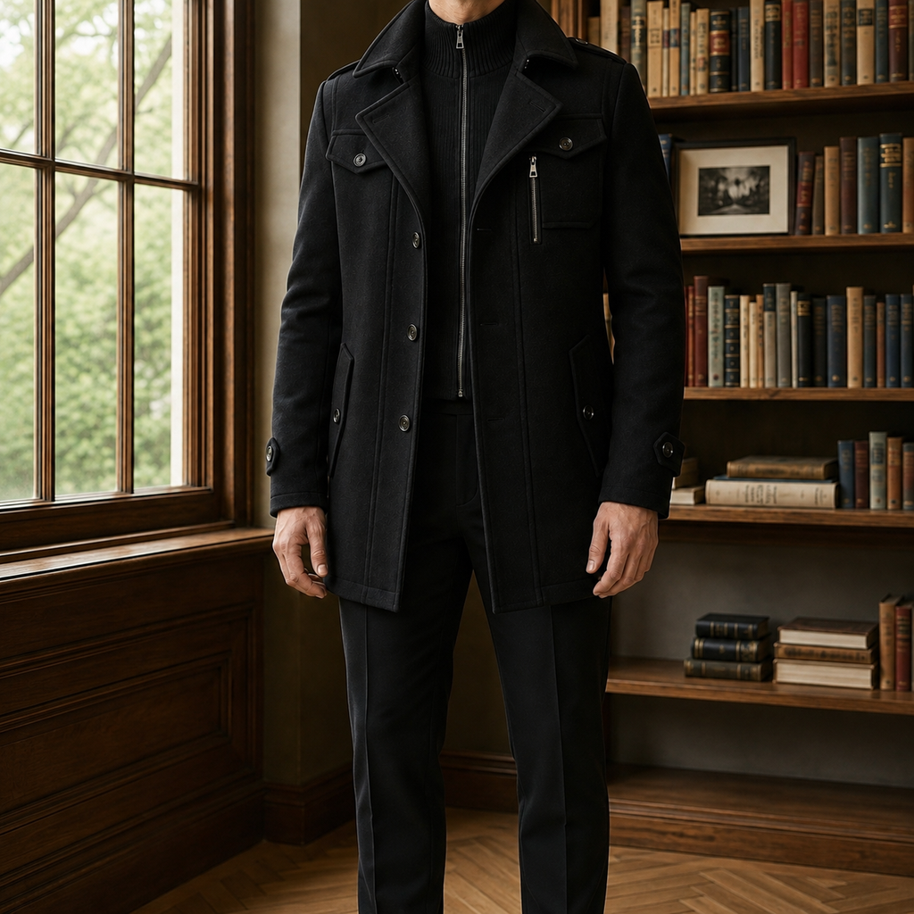 Men's Black Military Overcoat – Thigh Length Notched Collar Coat with Flap Pockets