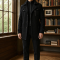 Men's Black Military Overcoat – Thigh Length Notched Collar Coat with Flap Pockets