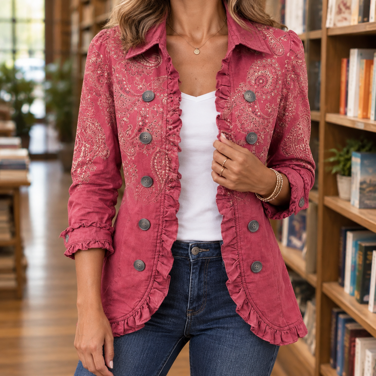 Women's Paisley Print Jacket with Ruffle Trim – Double-Breasted Hip Length Jacket