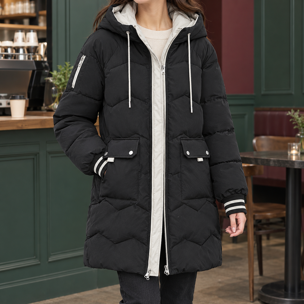 Women's Longline Hooded Puffer Coat – Chevron Quilted Winter Coat with Patch Pockets