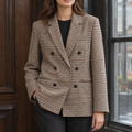 Women's Check Double-Breasted Blazer – Wide Lapel Tailored Jacket for Work
