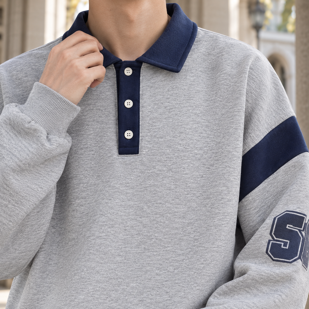Men's Polo Collar Knit Sweater – Relaxed Fit Three-Button Pullover with Contrast Collar