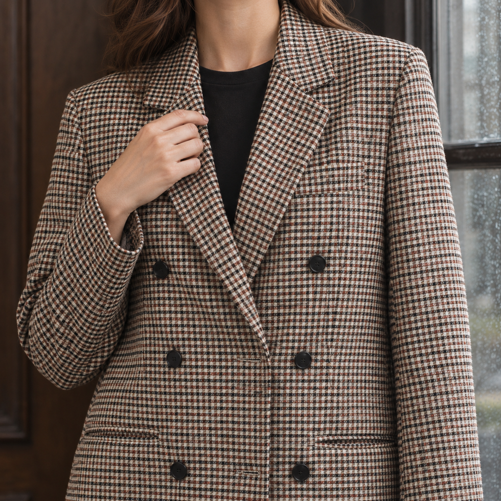 Women's Check Double-Breasted Blazer – Wide Lapel Tailored Jacket for Work