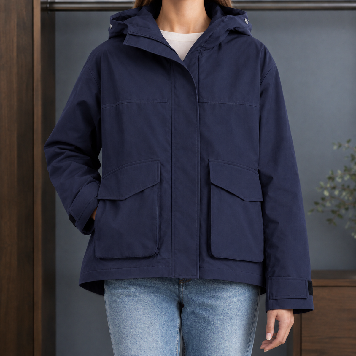 Women's Hooded Utility Jacket – Covered Zip Jacket with Flap Pockets
