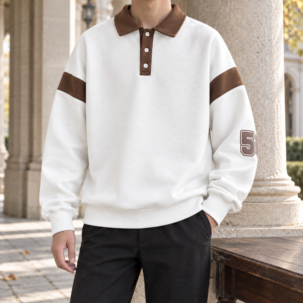 Men's Polo Collar Knit Sweater – Relaxed Fit Three-Button Pullover with Contrast Collar