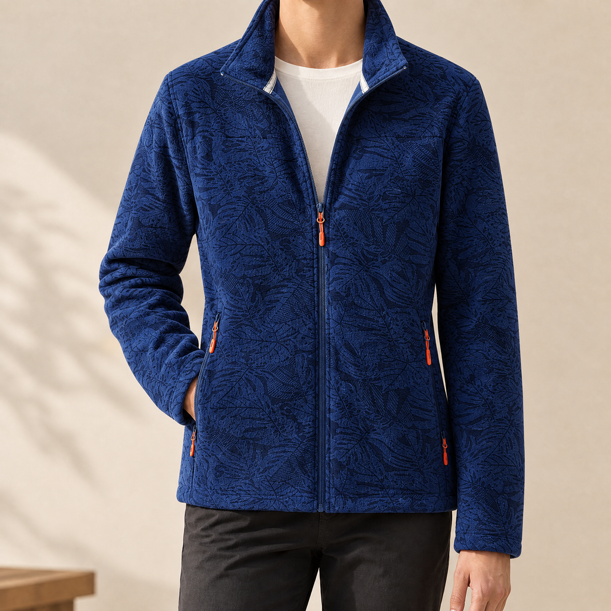Men's Zip-Up Jacket with Stand Collar – Textured Foliage Pattern Jacket with Zip Pockets