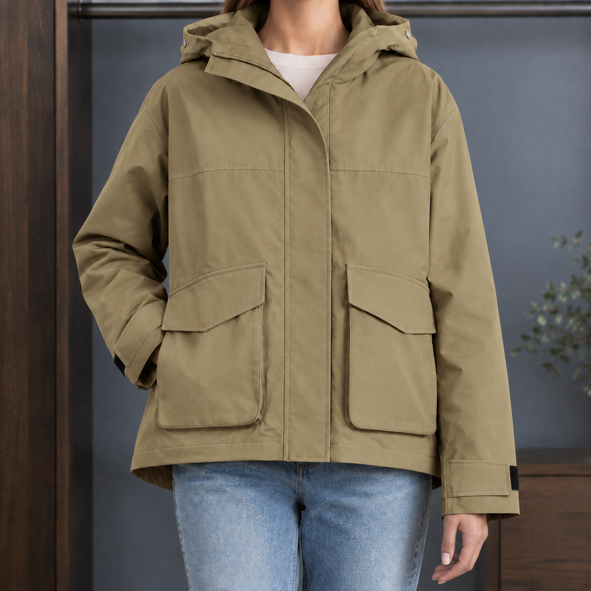 Women's Hooded Utility Jacket – Covered Zip Jacket with Flap Pockets