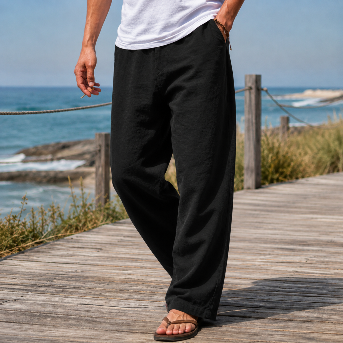 Men's Wide Leg Pants – Relaxed Full Length Casual Trousers with Side Pockets