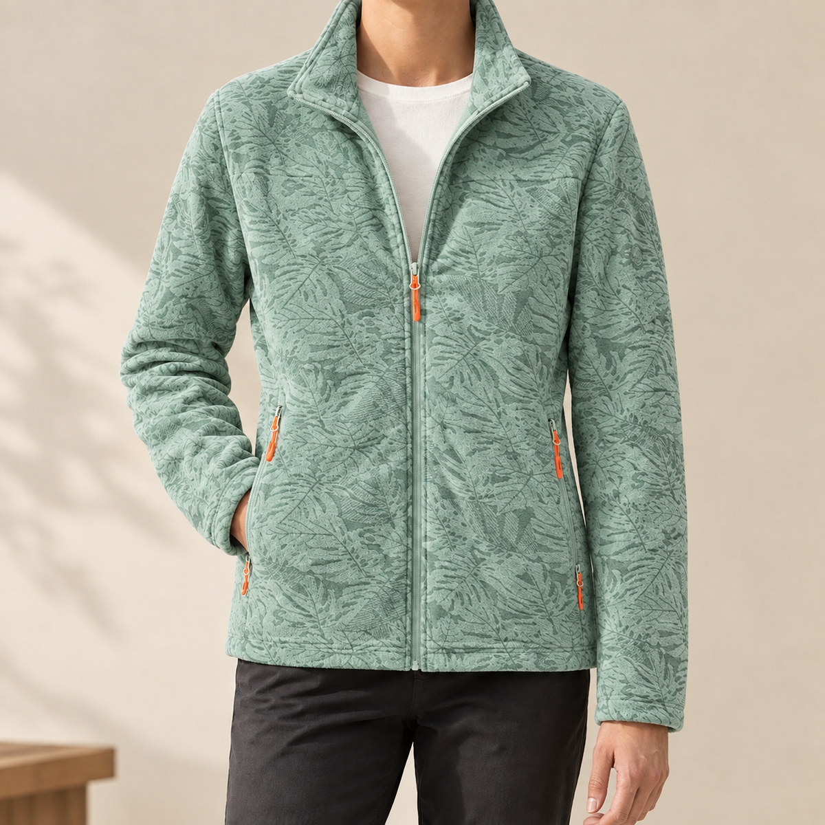 Men's Zip-Up Jacket with Stand Collar – Textured Foliage Pattern Jacket with Zip Pockets
