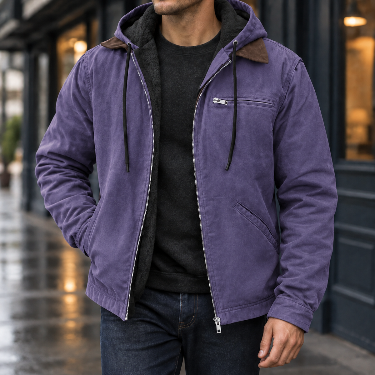 Men's Hooded Zip-Up Jacket – Lined Casual Jacket with Chest Pocket