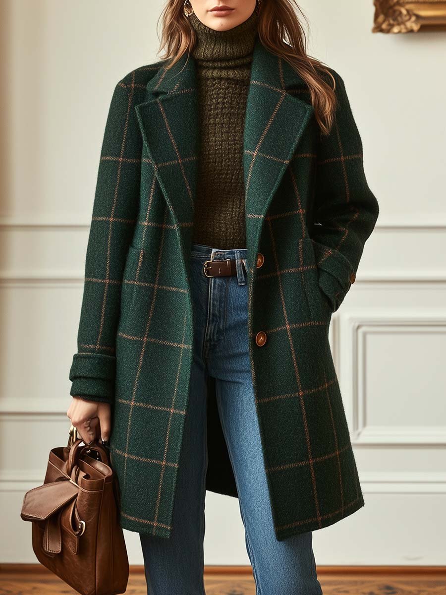 Women's Retro Check Tweed Coat – Wool Blend Lapel Collar Overcoat