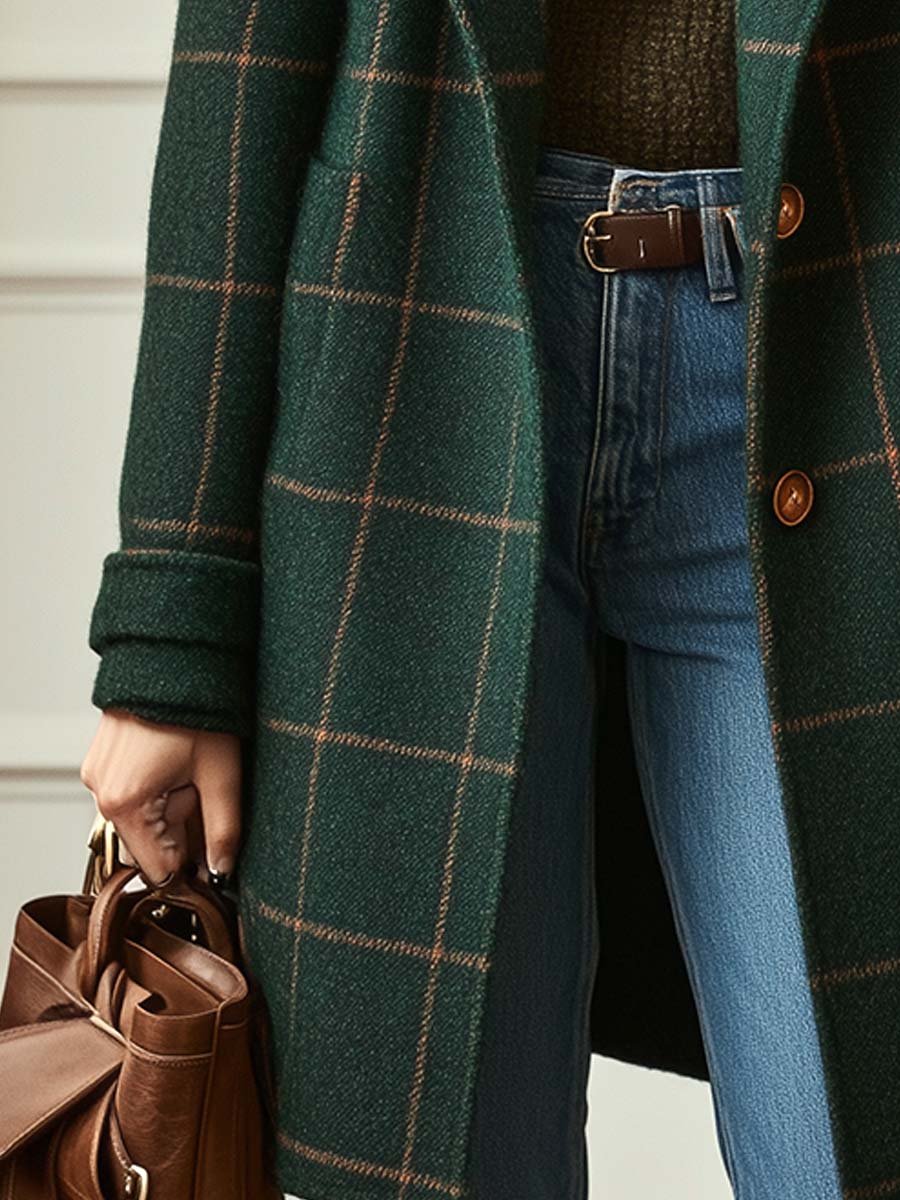 Women's Retro Check Tweed Coat – Wool Blend Lapel Collar Overcoat