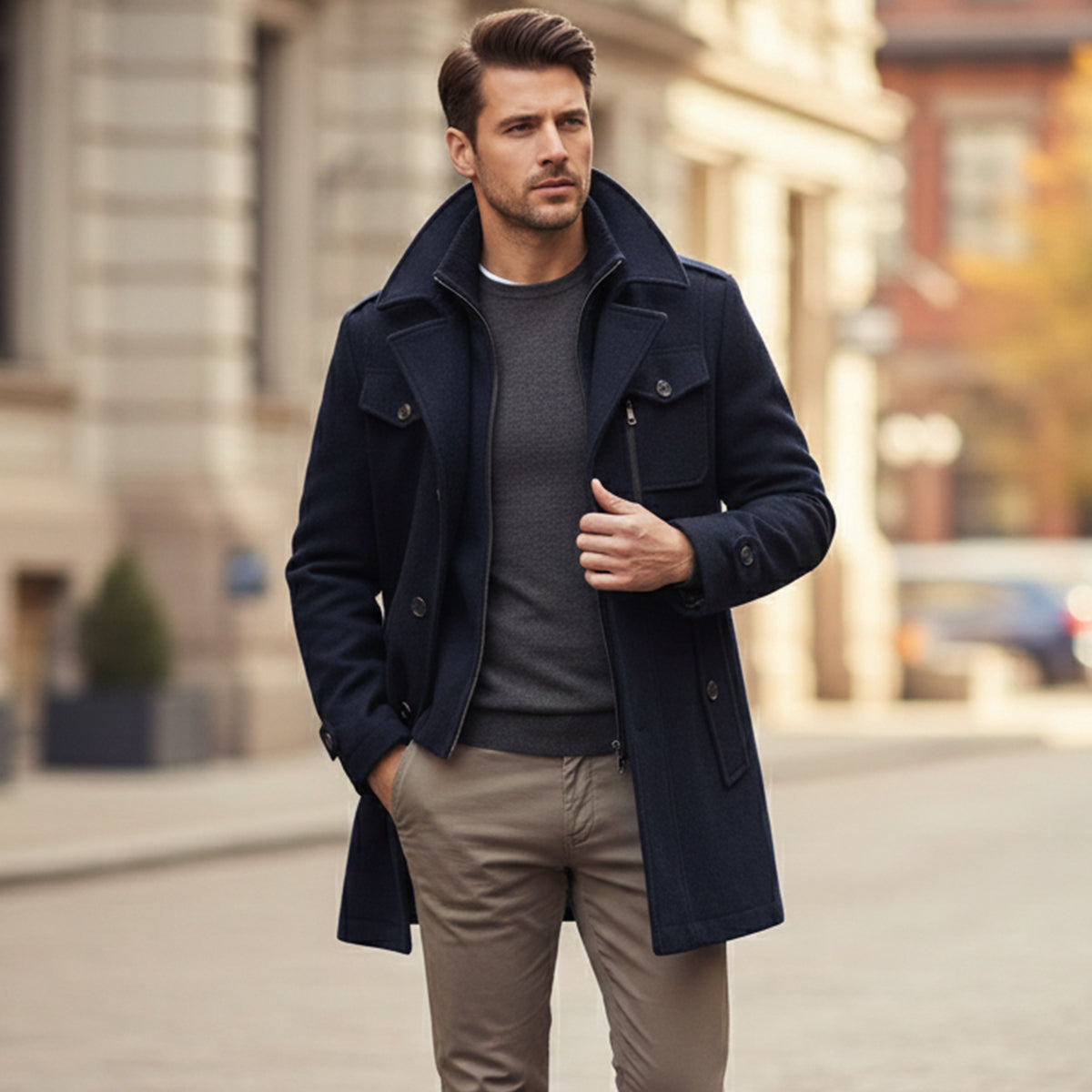 Men's Tailored Wool Blend Overcoat – Lapel Collar Trench-Style Coat